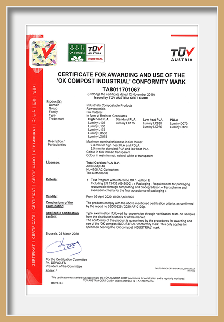  Certificato per l'utilizzo del marchio di conformità OK Compost Industrial per Wenzhou Guda Technology Co., Ltd